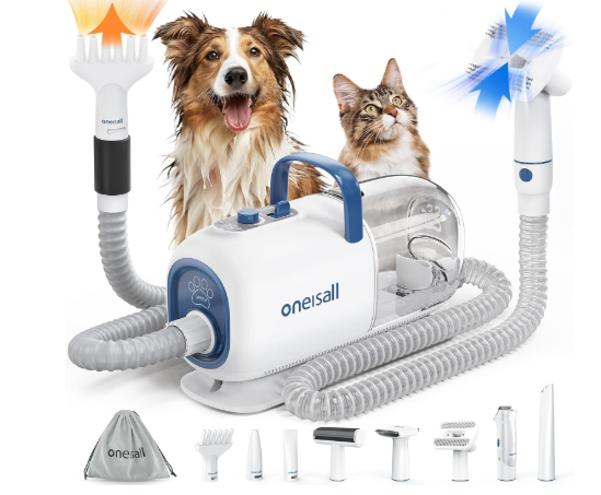 oneisall Dog Vacuum & Dryer for Shedding Grooming, 8 in 1 Dog Grooming Kit with Metal Blades Pet Clippers, Adjustable Speed and Temperature Control Blower